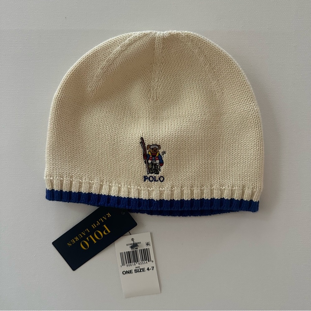 Polo Ralph Lauren Boys 4-7 Bear Cream Blue Beanie Hat NWT